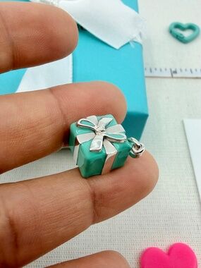 RETIRED Tiffany & Co. Enamel Gift Box Present Charm Pendant in Silver